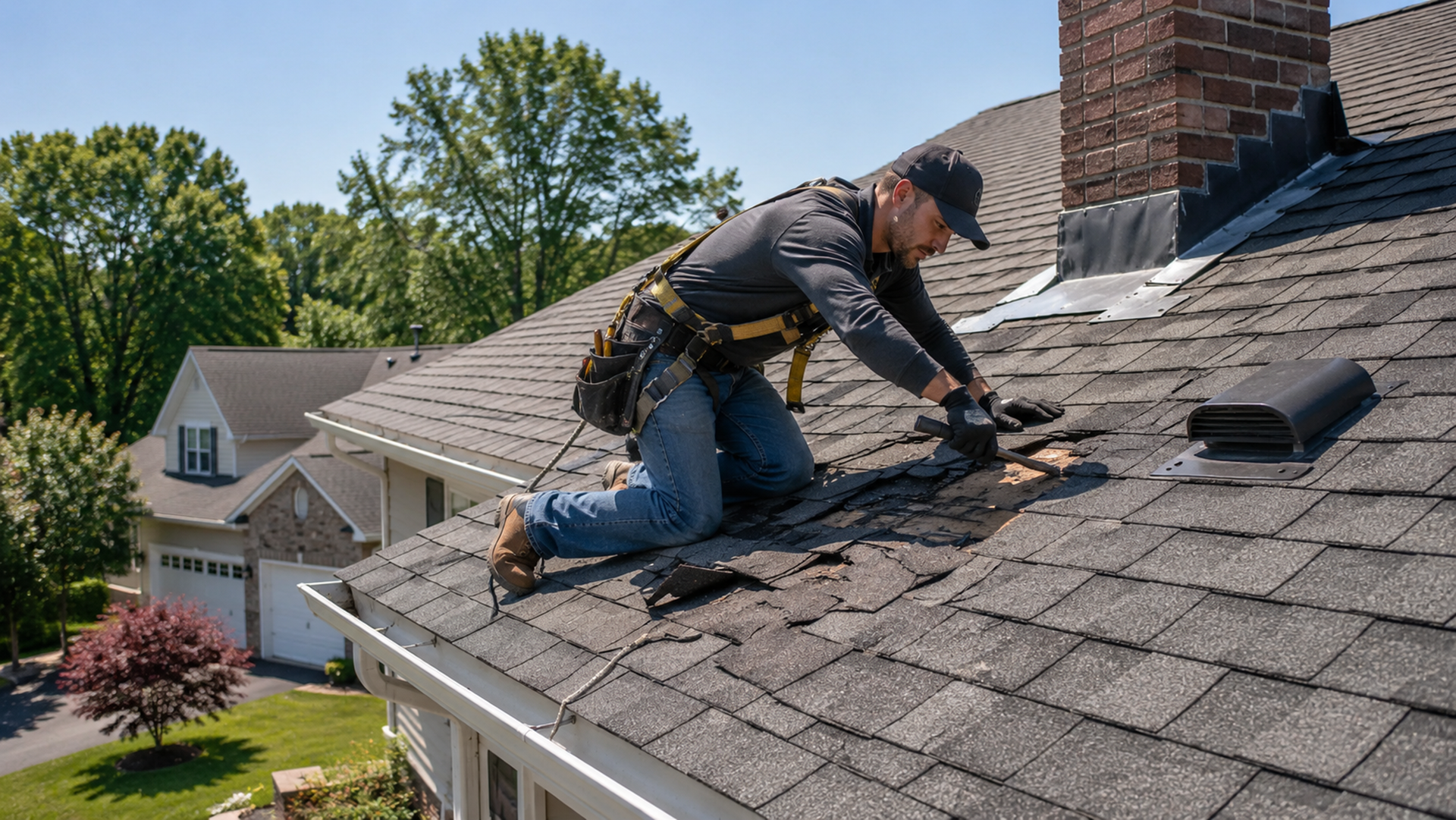 Roofer kneels on a shingled roof, repairing black shingles beside a brick chimney on a sunny day.