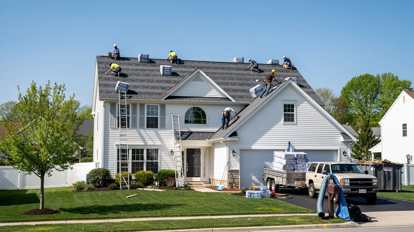 A residential roofing crew is busy installing new asphalt shingles on a suburban New Jersey home under a clear blue sky, showcasing a typical roof replacement process. The workers are equipped with safety gear as they ensure the roof deck is properly prepared to prevent future roof leaks and costly repairs.