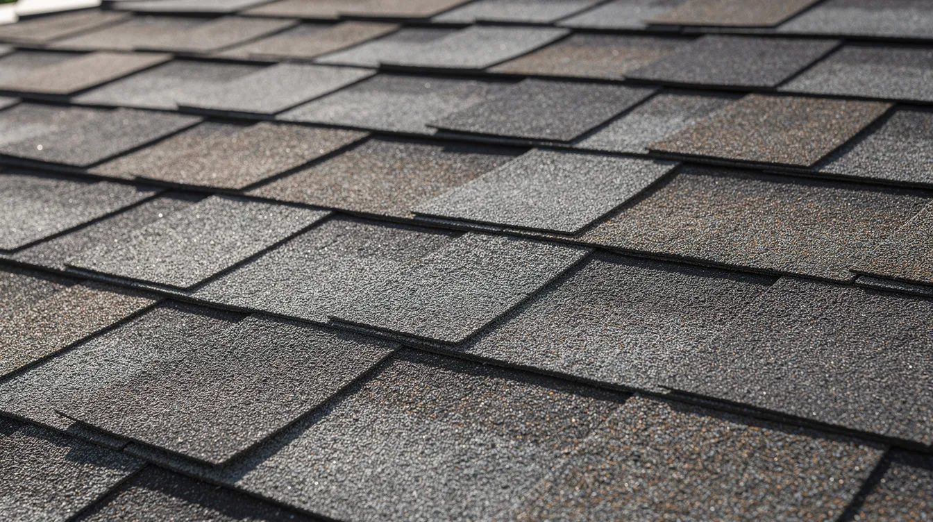 The image features a close-up view of architectural asphalt shingles installed on a residential roof, showcasing their textured surface and dimensional appearance. This roofing material is popular among New Jersey homeowners for its durability and aesthetic appeal, making it an essential consideration for roof replacement projects.