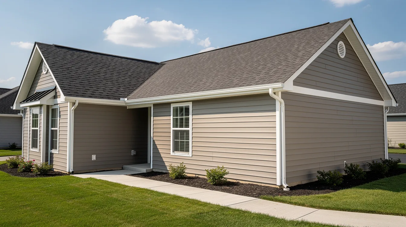 The image depicts a residential home featuring a newly installed roof, fresh siding, and updated gutters, showcasing the quality work of roofing contractors. This completed roofing project highlights durable materials and professional craftsmanship, ensuring protection for homeowners against the elements.