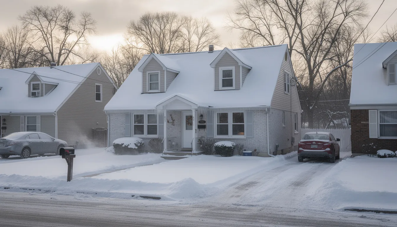 Snow-covered suburban houses in winter; cars parked in driveways, trees in background, overcast sky.