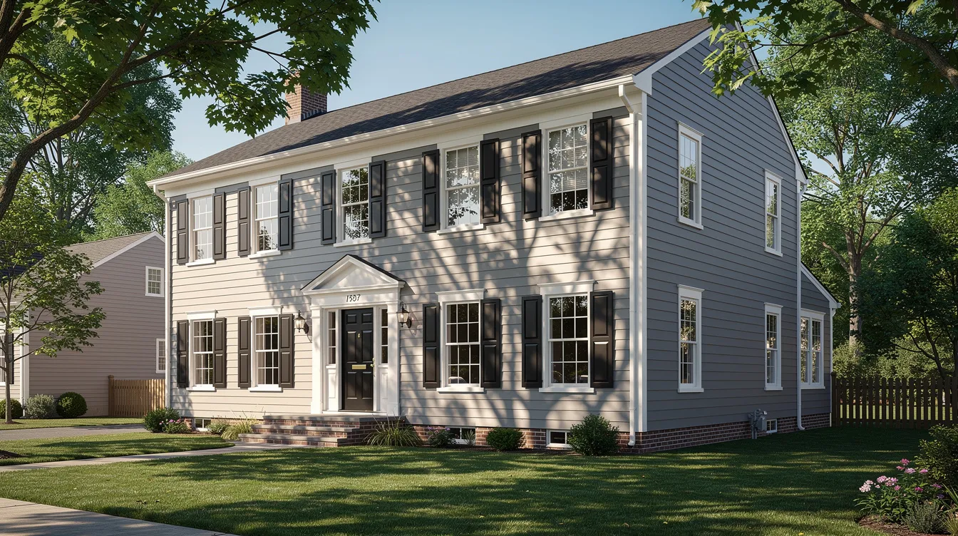 The image depicts a beautifully completed exterior renovation of a colonial-style home, showcasing new siding and windows that enhance its charm, surrounded by mature trees. This stunning remodeling project reflects exceptional quality and innovative design, characteristic of skilled home improvement contractors in Morris County, NJ.