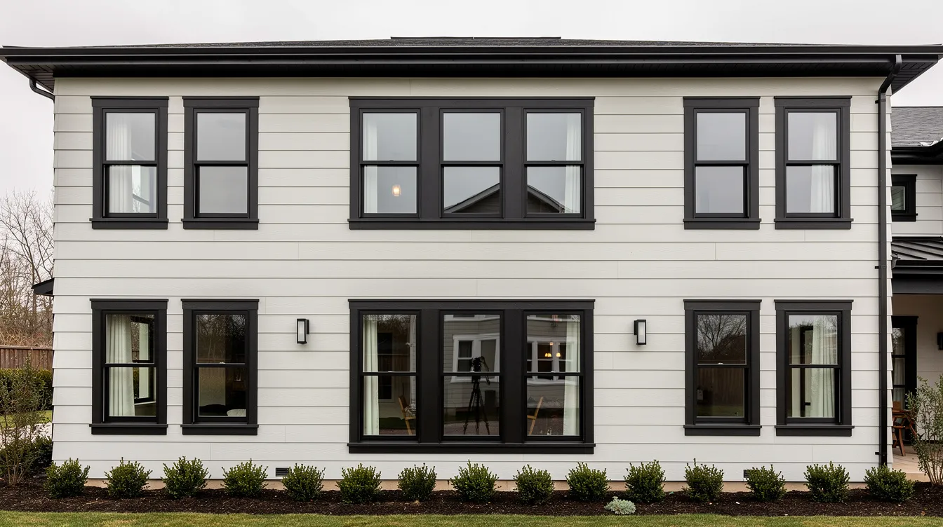 The image showcases a residential home facade featuring various window styles, including casement and double-hung windows, framed by dark trim against light siding. This display highlights how new windows can boost curb appeal and enhance the overall aesthetic of local homes in New Jersey.