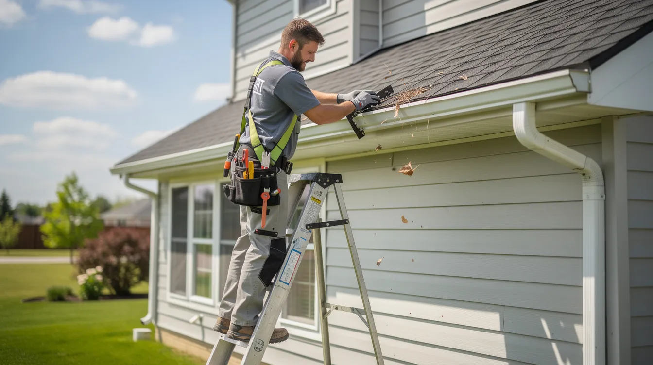 Construction worker using a nail gun on a building.