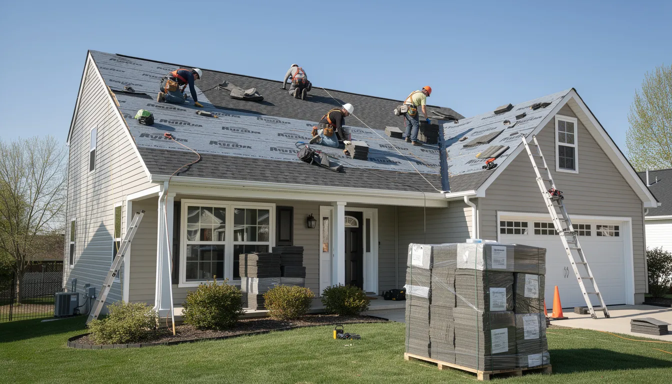 Roofers working on a gray-shingled house with a ladder and stacked roofing materials in front