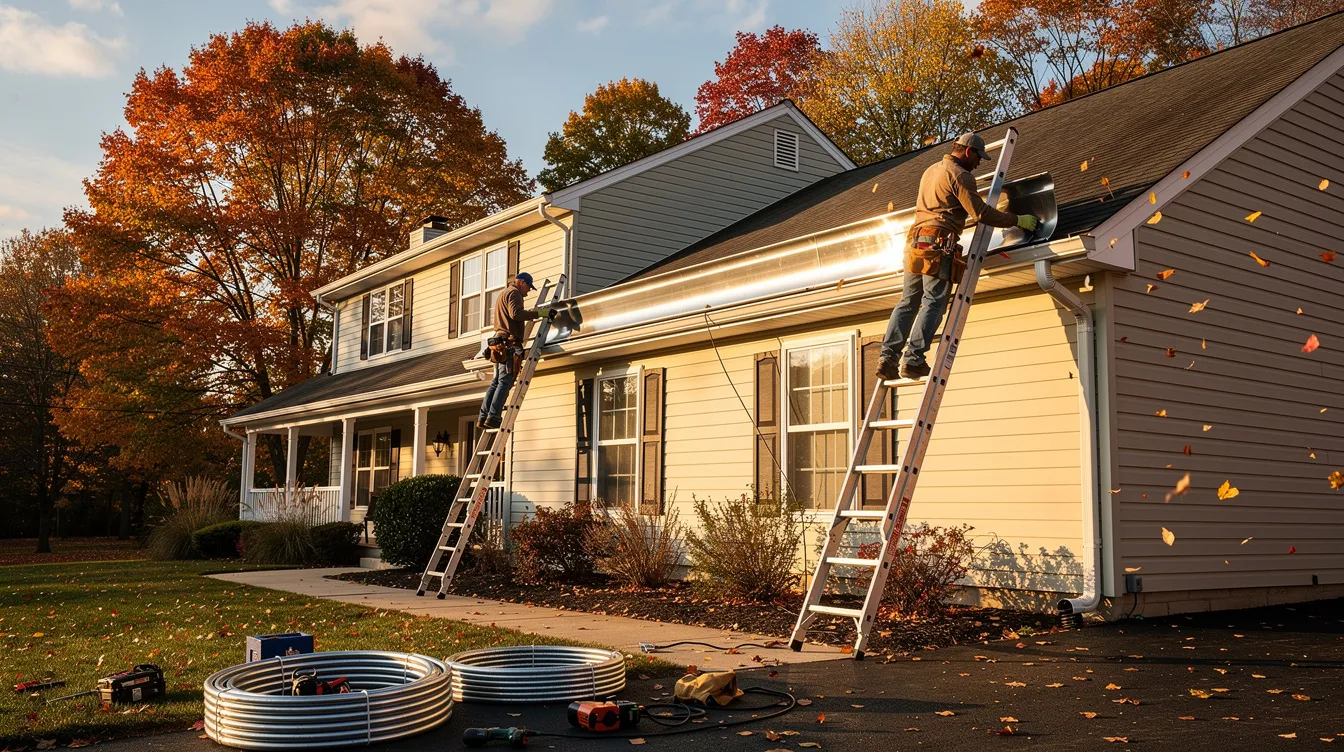 A skilled team of workers is seen on ladders installing seamless aluminum gutters on a residential home, with vibrant autumn trees in the background. This gutter installation project aims to enhance the home's curb appeal while ensuring proper drainage and protection against water damage.