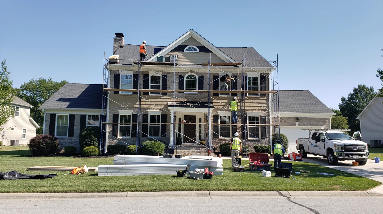 A large colonial-style house is undergoing a full siding replacement project, with a crew of workers installing new vinyl siding while scaffolding surrounds the structure against a clear blue sky. This siding installation aims to enhance the home's curb appeal and energy efficiency, showcasing the transformation from old siding to a fresh, modern finish.