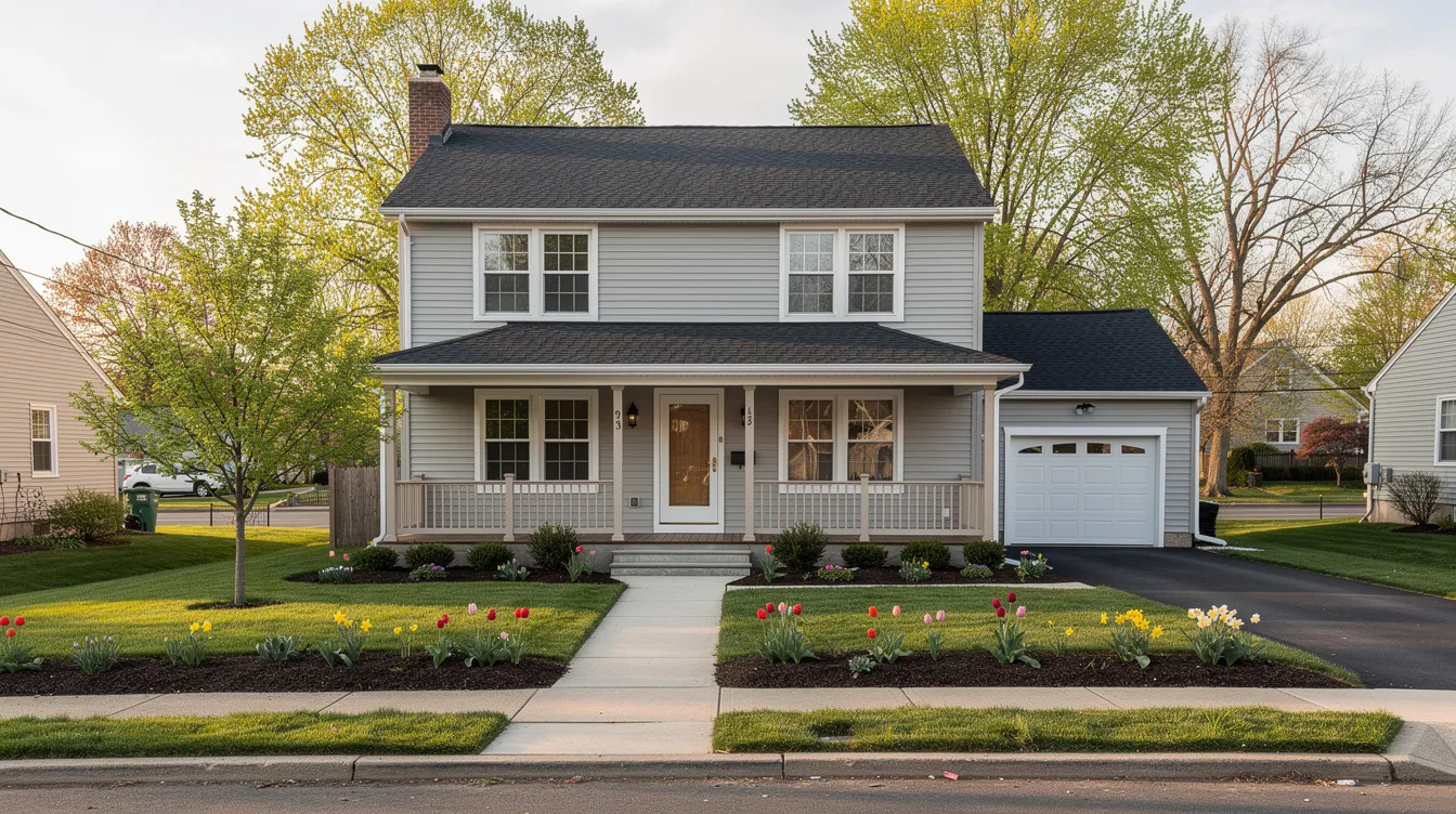 The image depicts a charming two-story suburban home in a leafy Northern New Jersey neighborhood, showcasing new vinyl siding that enhances the home's curb appeal during springtime. The fresh siding contrasts beautifully with the greenery, highlighting the aesthetic benefits of siding upgrades in residential areas.