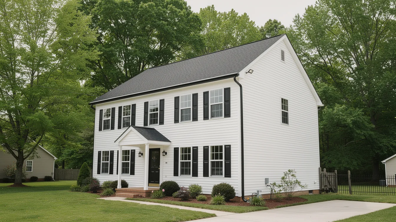 The image features newly installed seamless aluminum gutters along the roofline of a two-story colonial home, surrounded by green trees. These gutters are an essential part of the home's gutter system, designed to protect against water damage and ensure proper drainage.