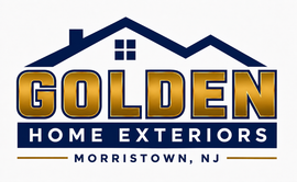 Golden Home Exteriors logo in blue and gold with house roof line above text