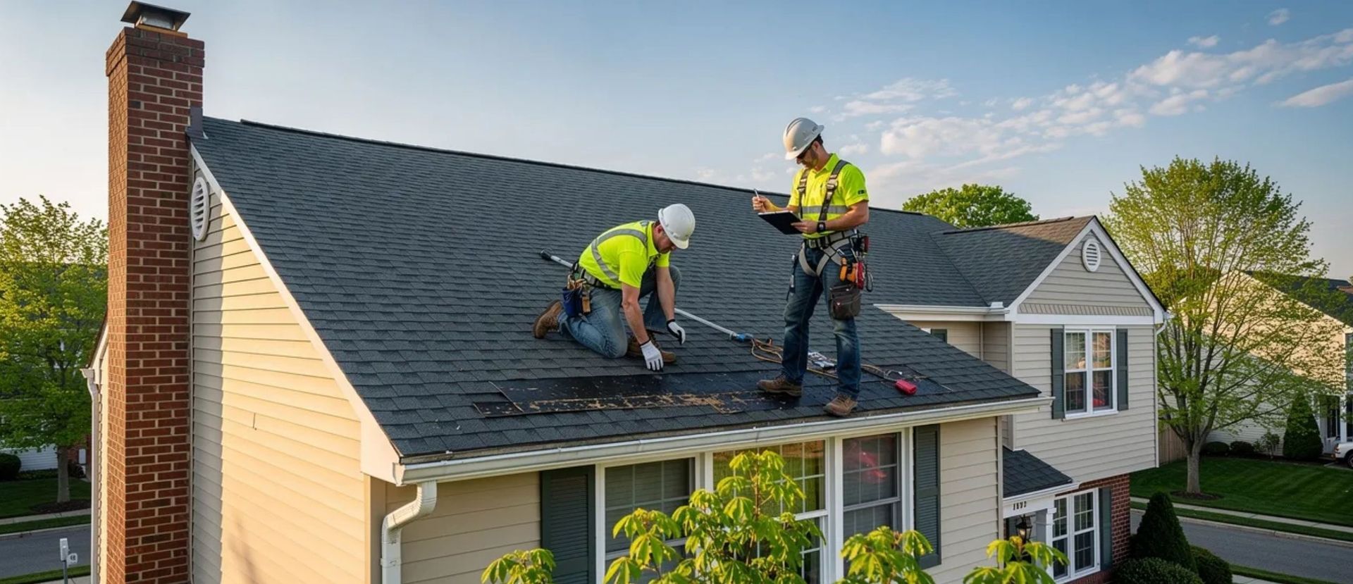 Two roofers on a gray shingle roof repairing a house in daylight