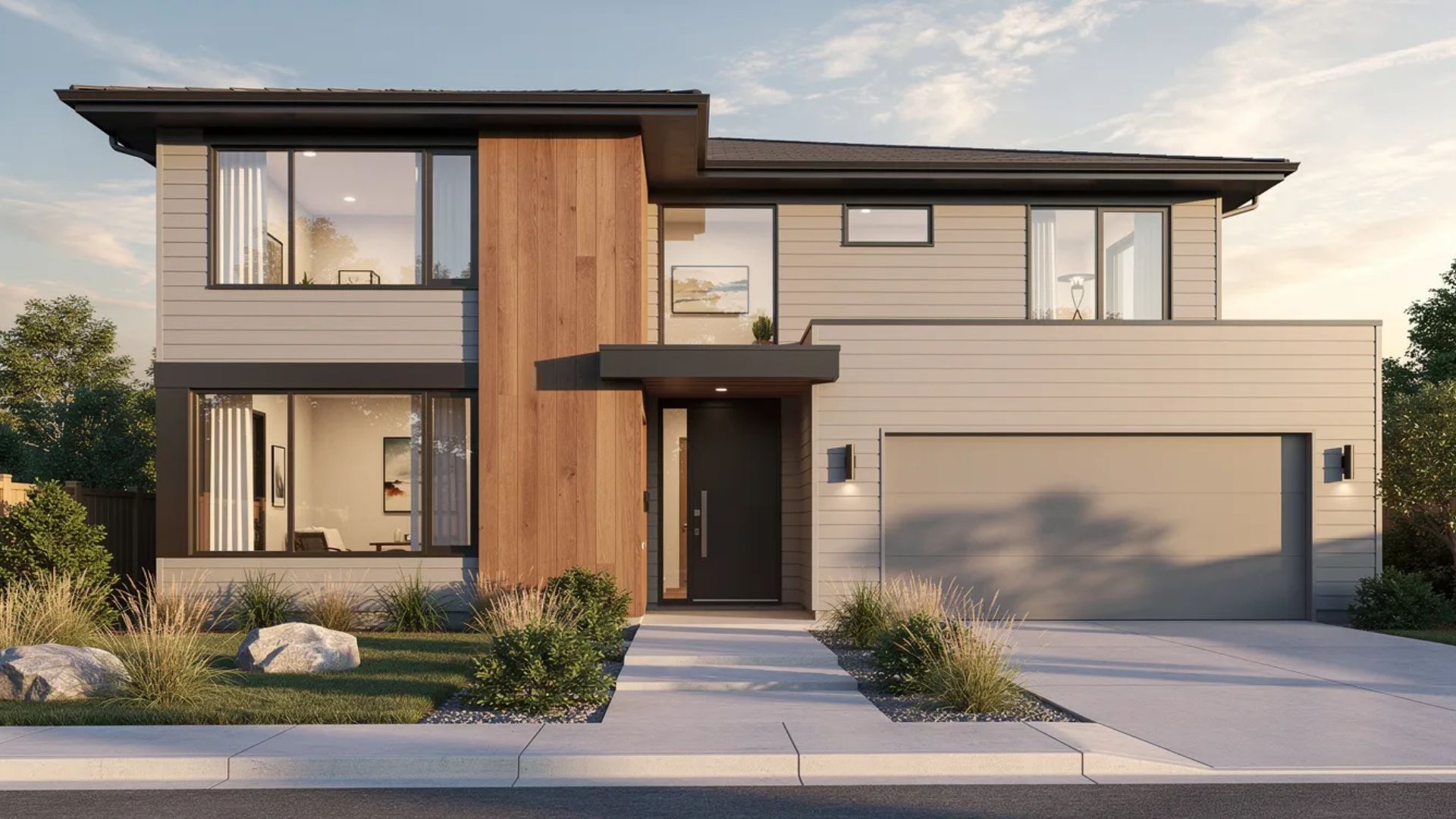 A two-story modern house with horizontal siding, wood paneling, a dark garage door, and a paved walkway at dusk.