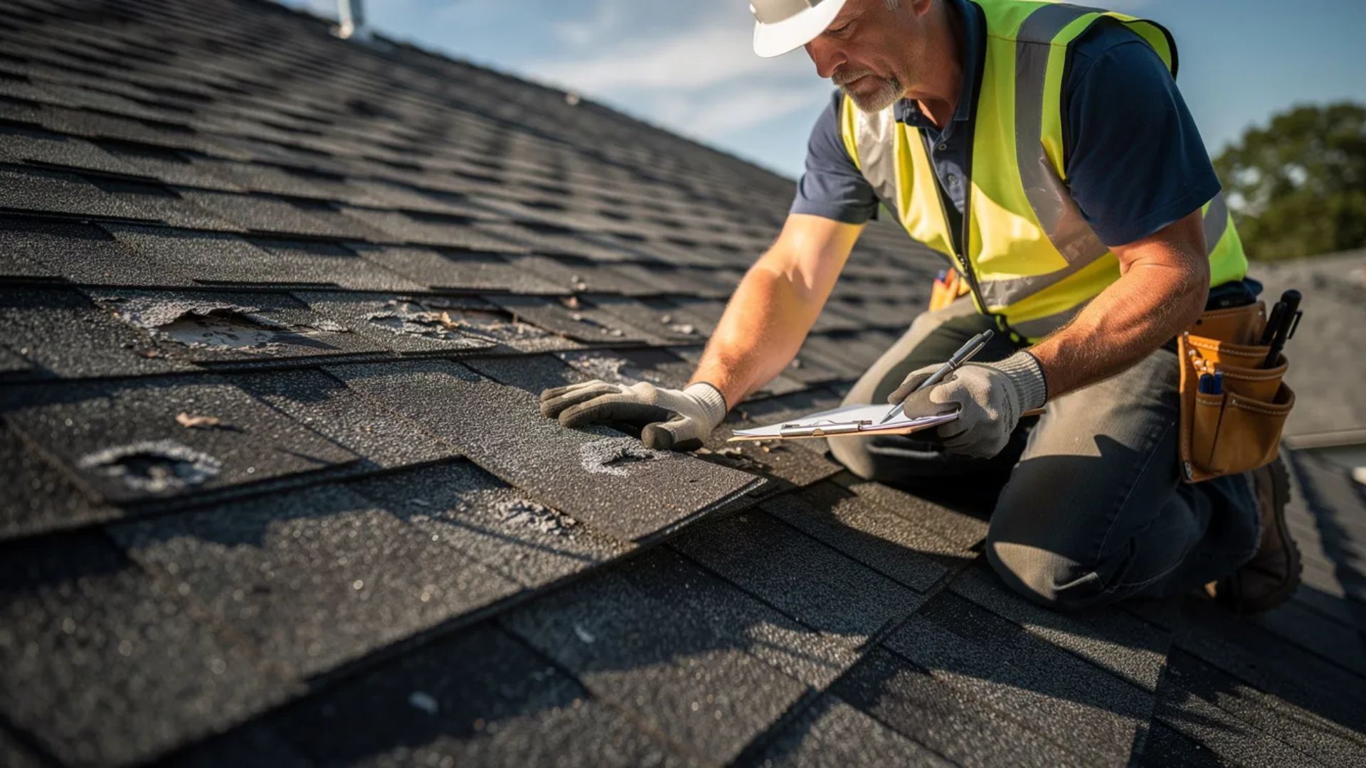 Roofing worker repairing asphalt shingles on a roof, wearing a safety vest and hard hat.