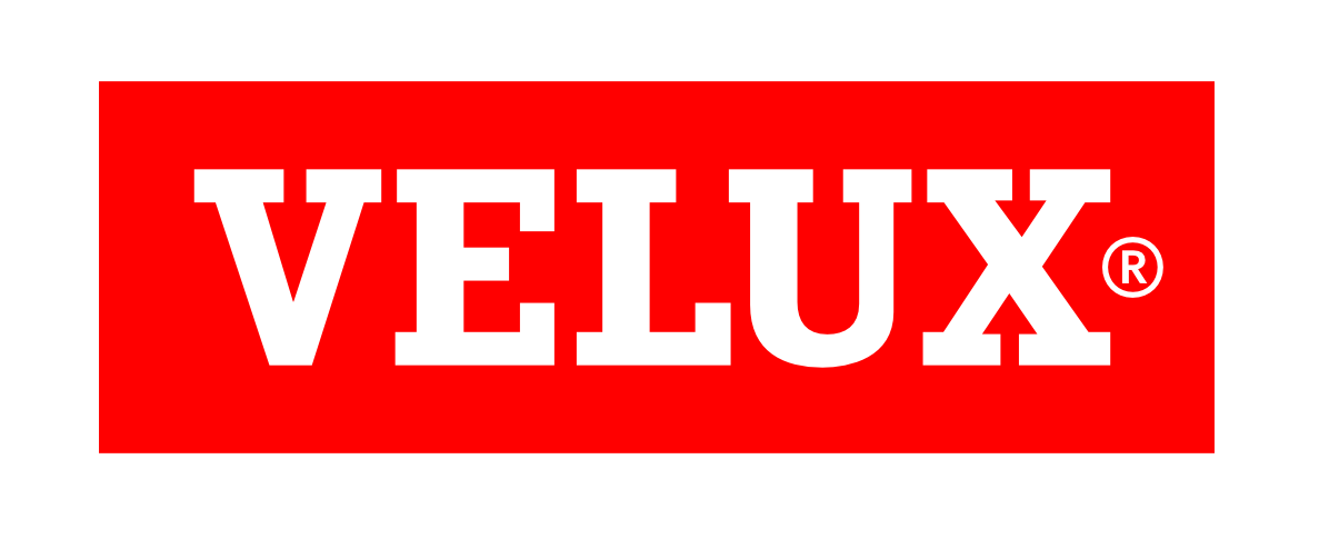 VELUX logo in white text on a red rectangular background