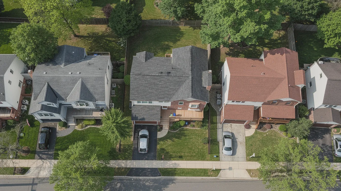 Aerial view of a row of suburban houses with parked cars and trees along a street.