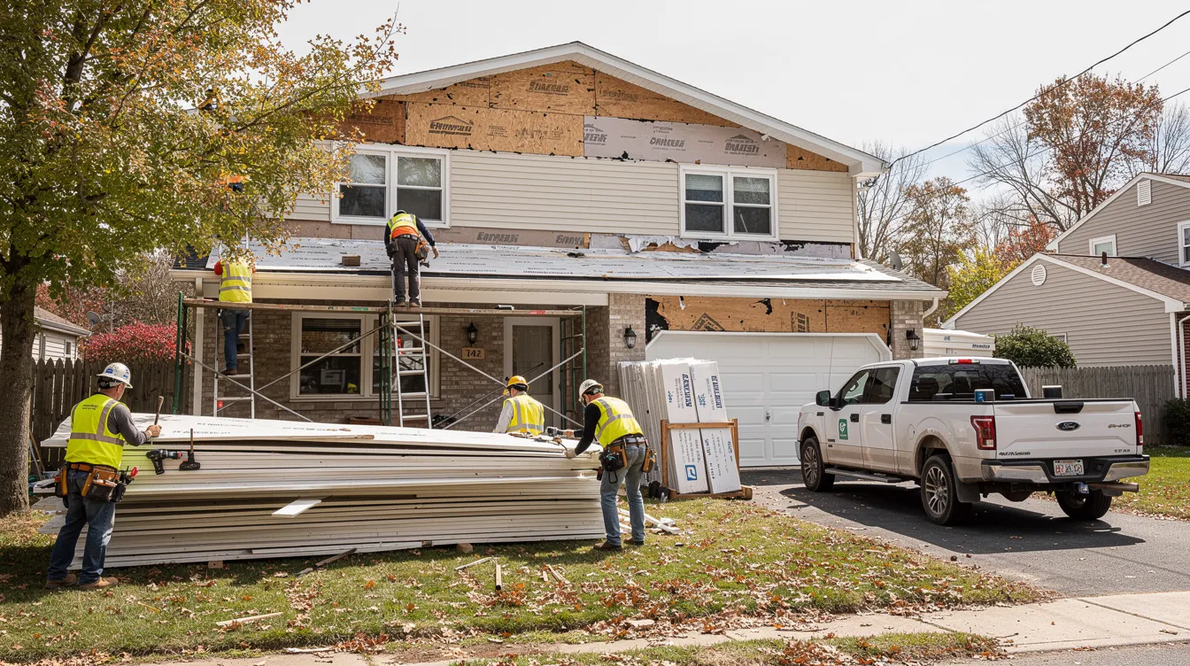 A construction crew is actively removing the siding from a typical Essex County home as part of a siding replacement project. The workers are equipped with tools and are focused on ensuring the property is ready for its new exterior, showcasing the ongoing roofing services in the community.