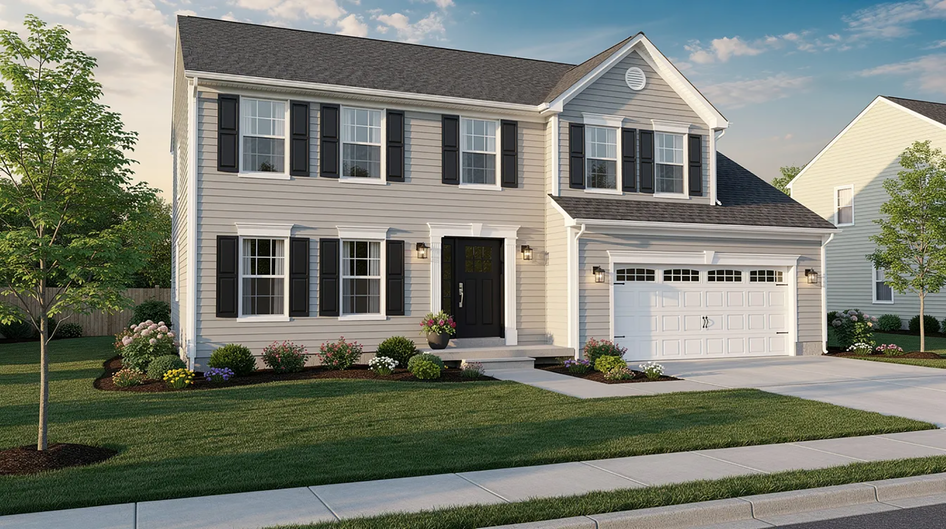 Two-story gray suburban house with black shutters, white trim, and a front garage