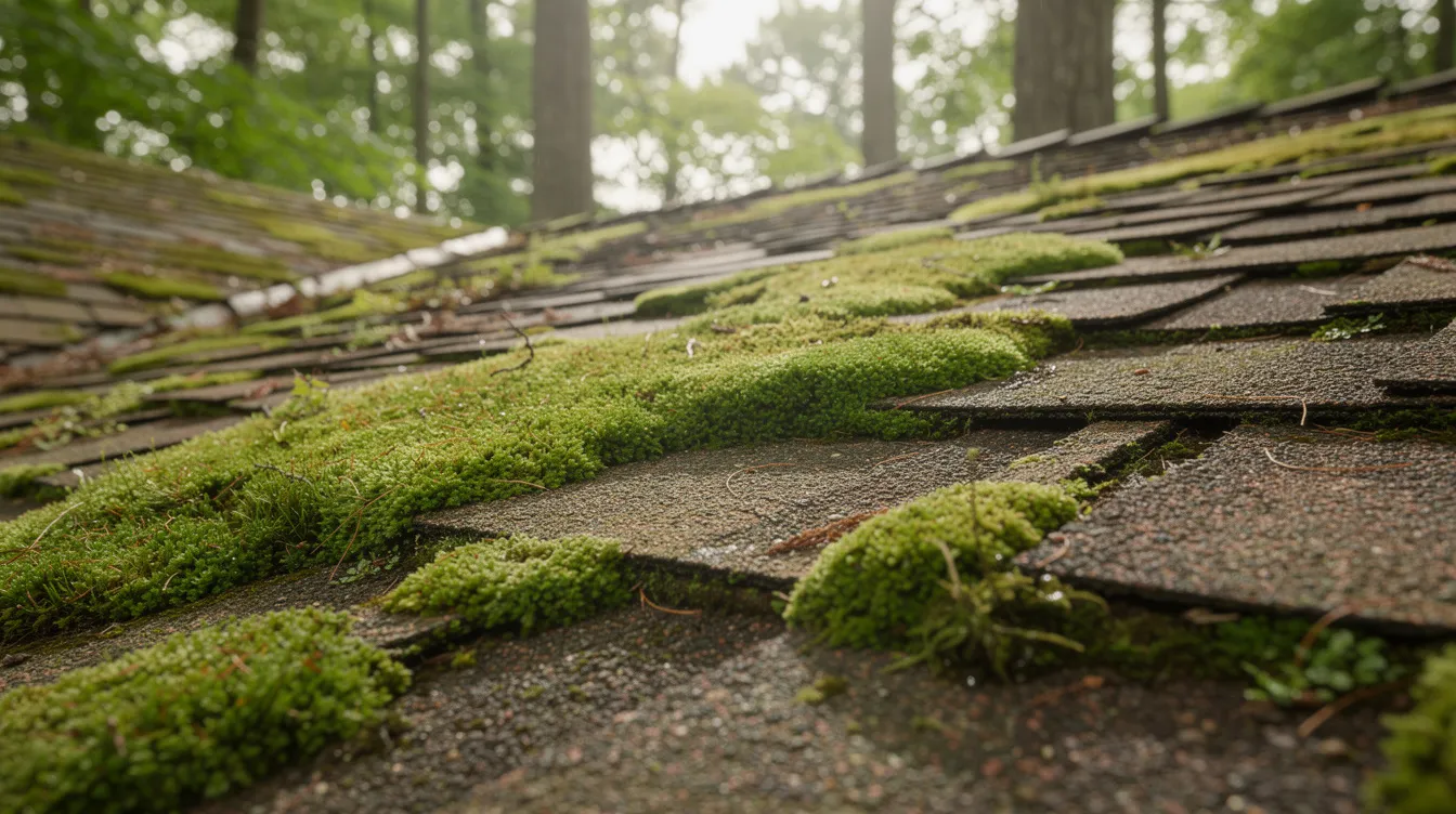 The image shows thick green moss growing on the weathered asphalt shingles of a residential home, indicating potential roof damage and the need for a professional roof inspection. Surrounded by tall trees, the moss growth can signal underlying issues that may lead to costly repairs if not addressed promptly.