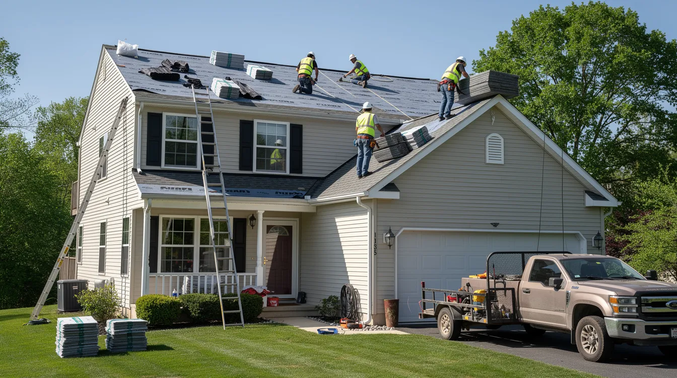 A construction crew is actively working on the roof of a typical family home in Morris County, NJ, focusing on roof repair and installation of new asphalt shingles. The team is efficiently addressing missing shingles and ensuring the roofing project is completed in a timely manner to protect the property from leaks and energy costs.