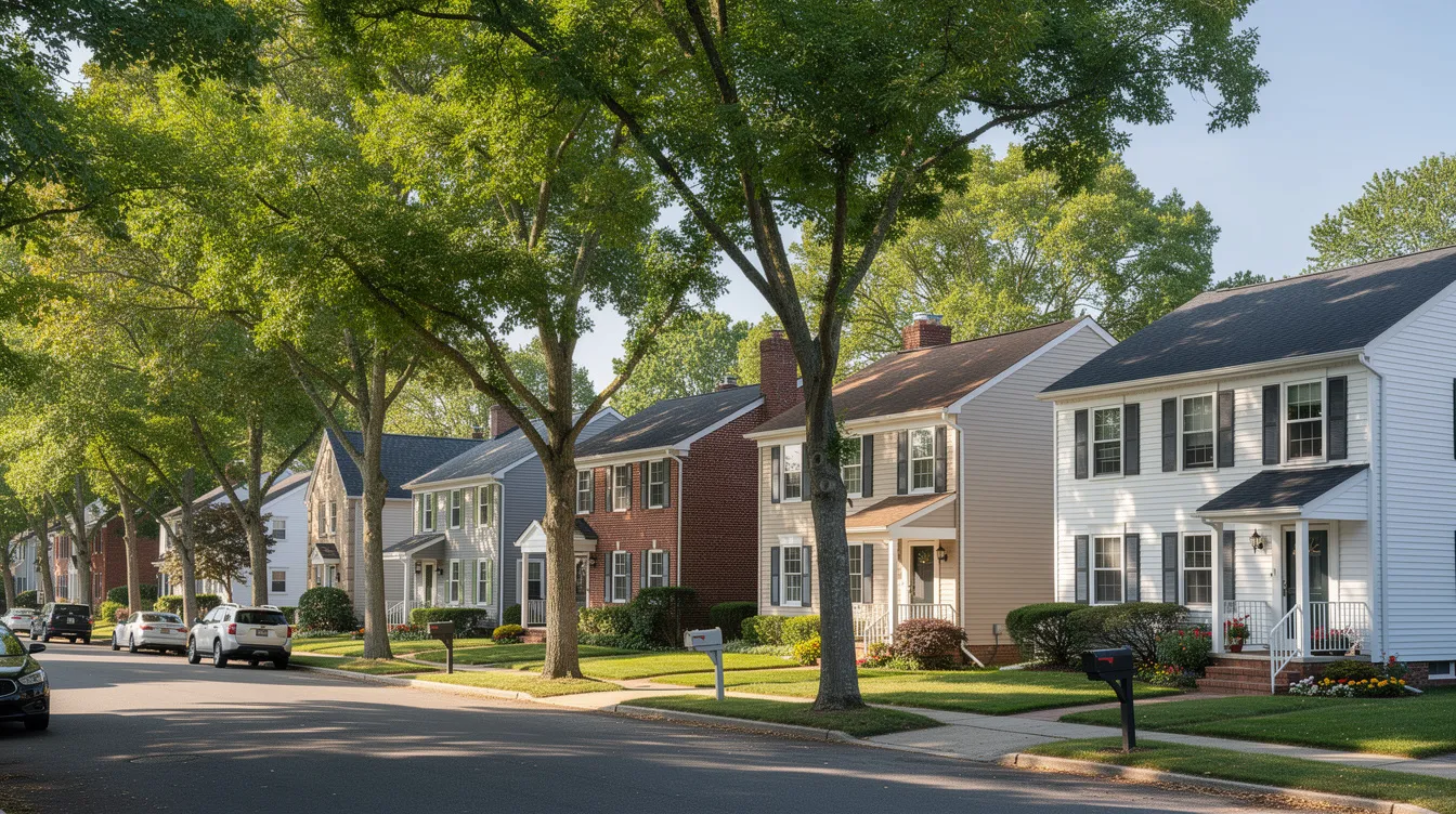 Tree-lined suburban street with rows of houses and parked cars on a sunny day