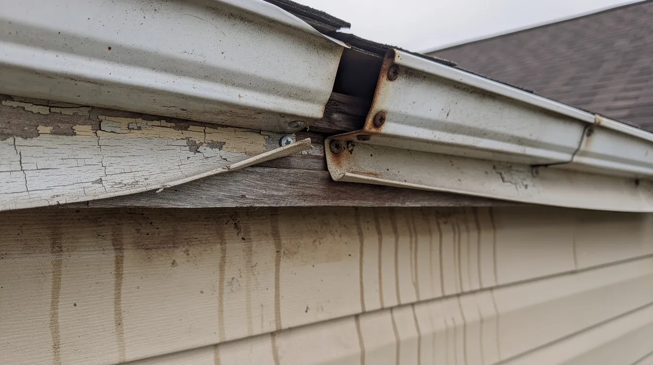 Damaged roof gutter joint with rust and a loose seam above a beige wall