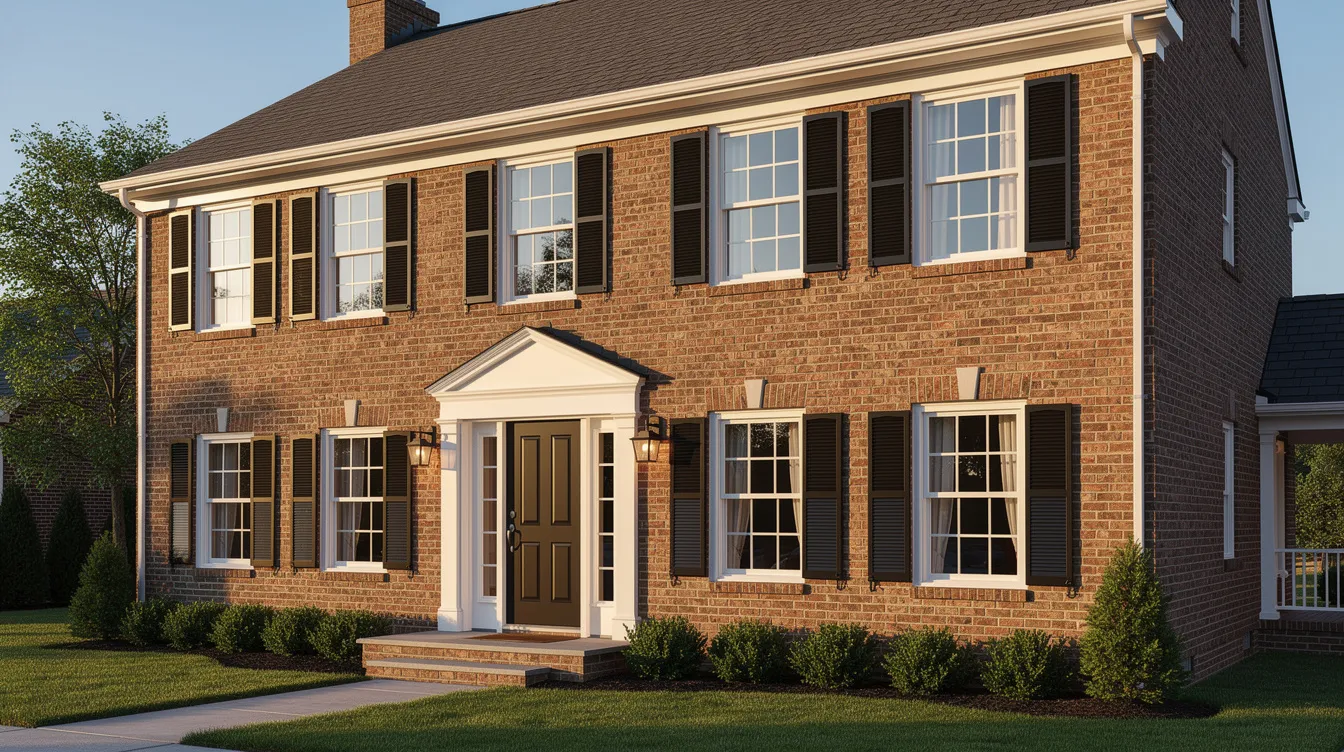 The image depicts a colonial-style home in New Jersey, featuring a brick exterior and new white single hung windows that enhance its classic charm. The windows, designed for energy efficiency, include an operable bottom sash for fresh air and ventilation, complementing the home's elegant architectural style.