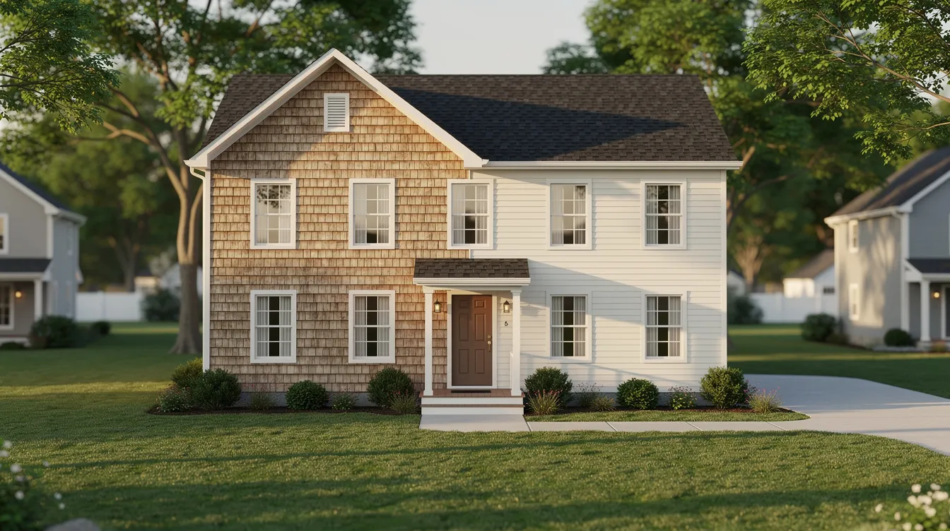 Two-story suburban house with tan siding, stone facade, and a front lawn at sunset