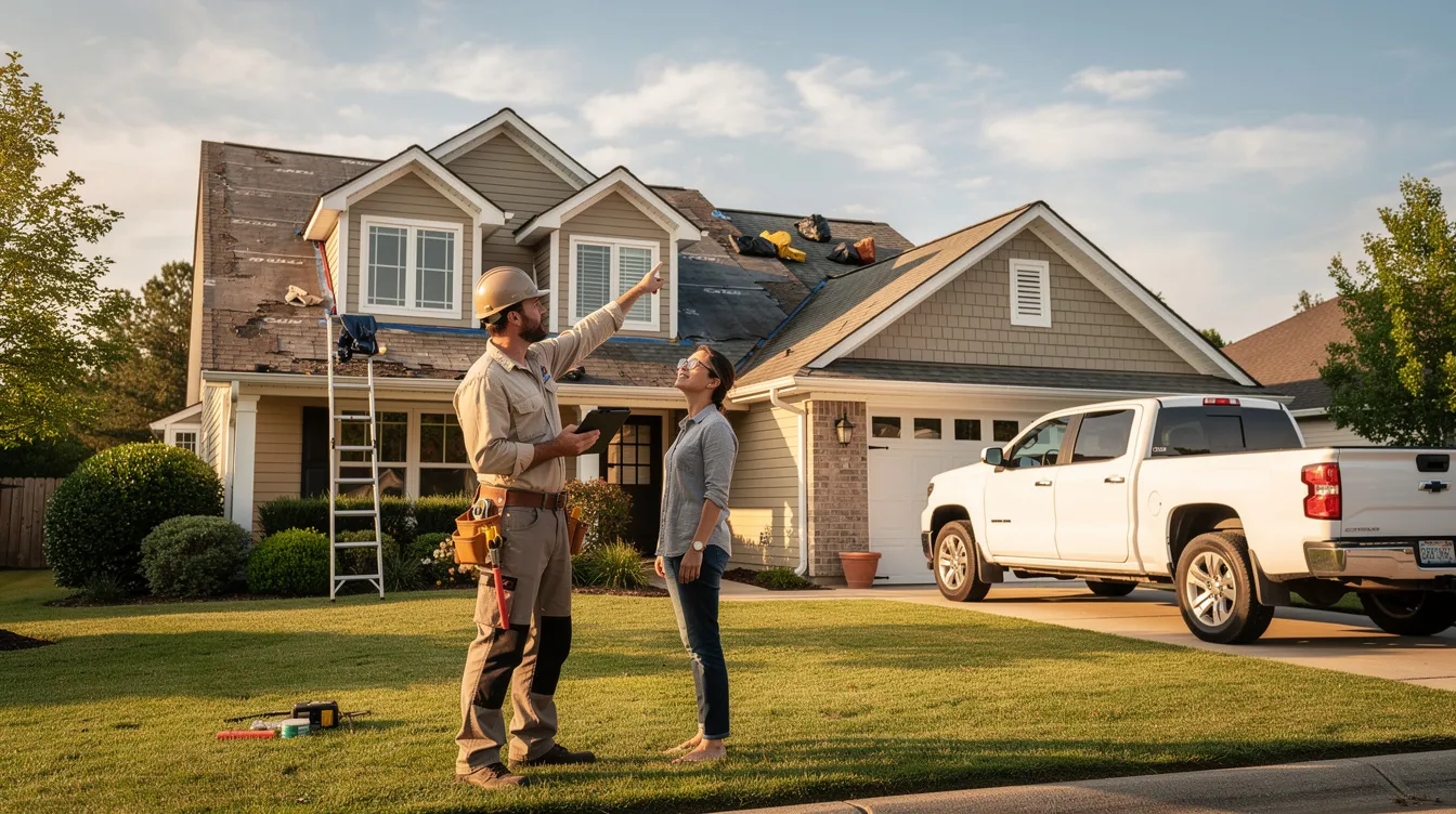 A roofing contractor is engaged in a discussion with a homeowner about the roof replacement options for their family home, focusing on aspects such as roofing materials and associated costs. The scene emphasizes the importance of a professional inspection to determine the best approach for the existing roof, considering factors like roof size and potential labor costs.