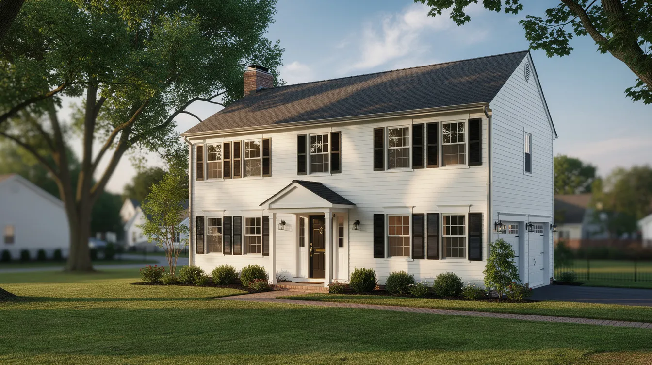White two-story house with black shutters and front porch on a green lawn, framed by trees at dusk