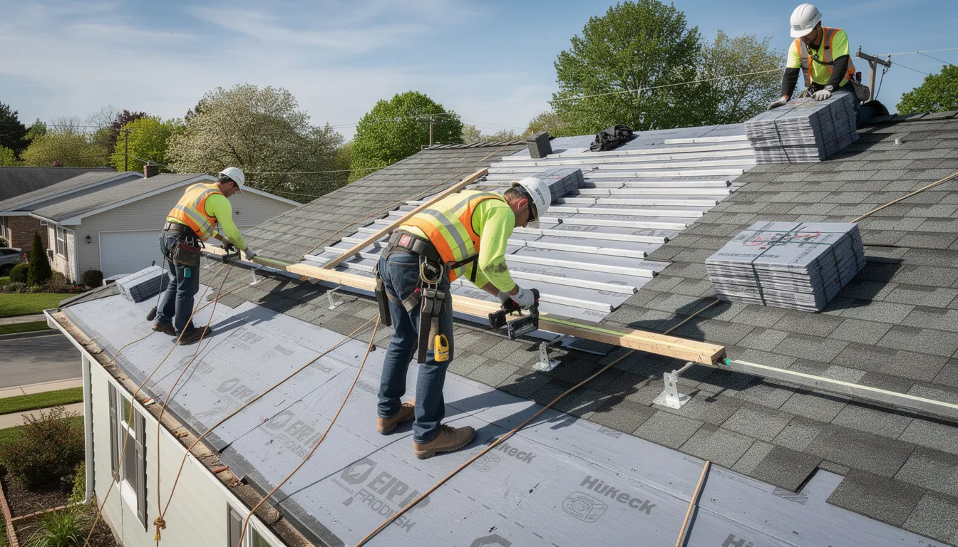 Workers installing roof shingles on a house, with stacks of materials on the sloped roof.
