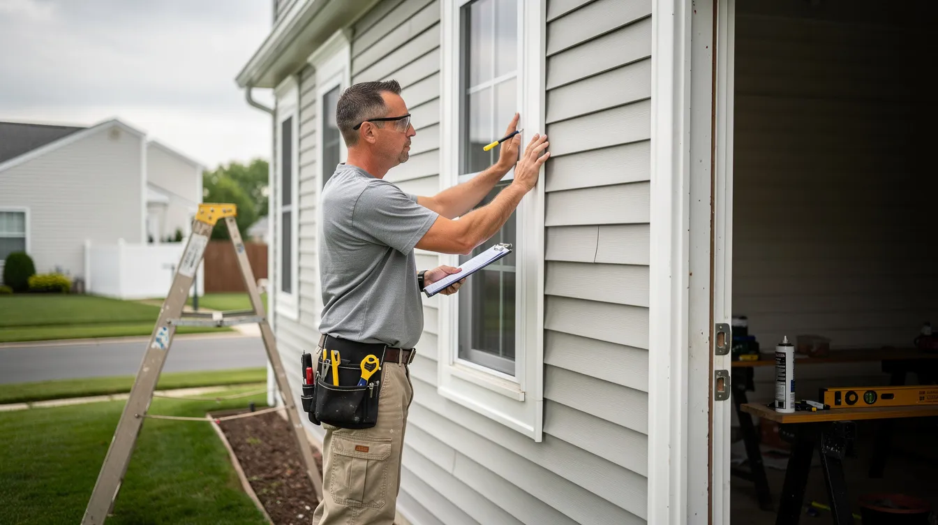 A contractor is inspecting the siding and trim details of a New Jersey home during an exterior renovation, focusing on the existing siding materials to ensure proper installation. The scene highlights the importance of siding replacement in enhancing the home's curb appeal and protecting against moisture damage and extreme weather conditions.