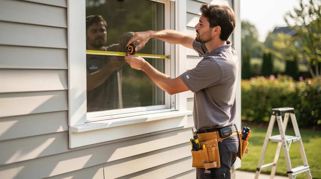 A professional installer is measuring a window frame on a residential home, preparing for the installation of new energy-efficient replacement windows. This project aims to enhance the home's curb appeal and improve energy efficiency through quality products and expert service.