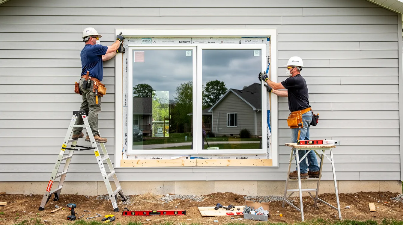 Two contractors are carefully installing a large bay window unit on the exterior of a residential home, showcasing the energy-efficient design and architectural depth it will add to the space. This installation aims to create visual interest and provide a cozy area filled with natural light.