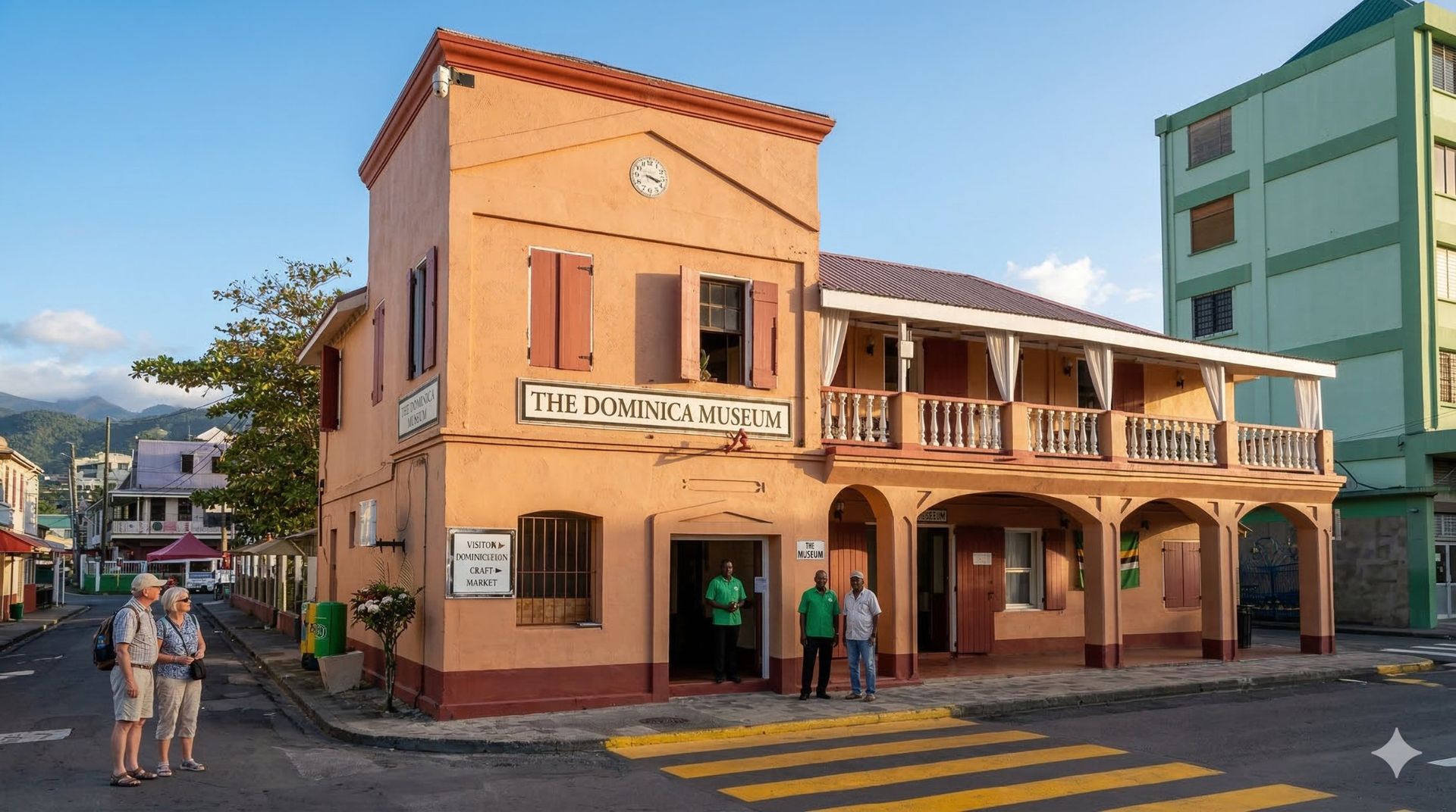 The Dominica Museum, a two-story terracotta-colored building with a porch, on a street corner with people nearby.