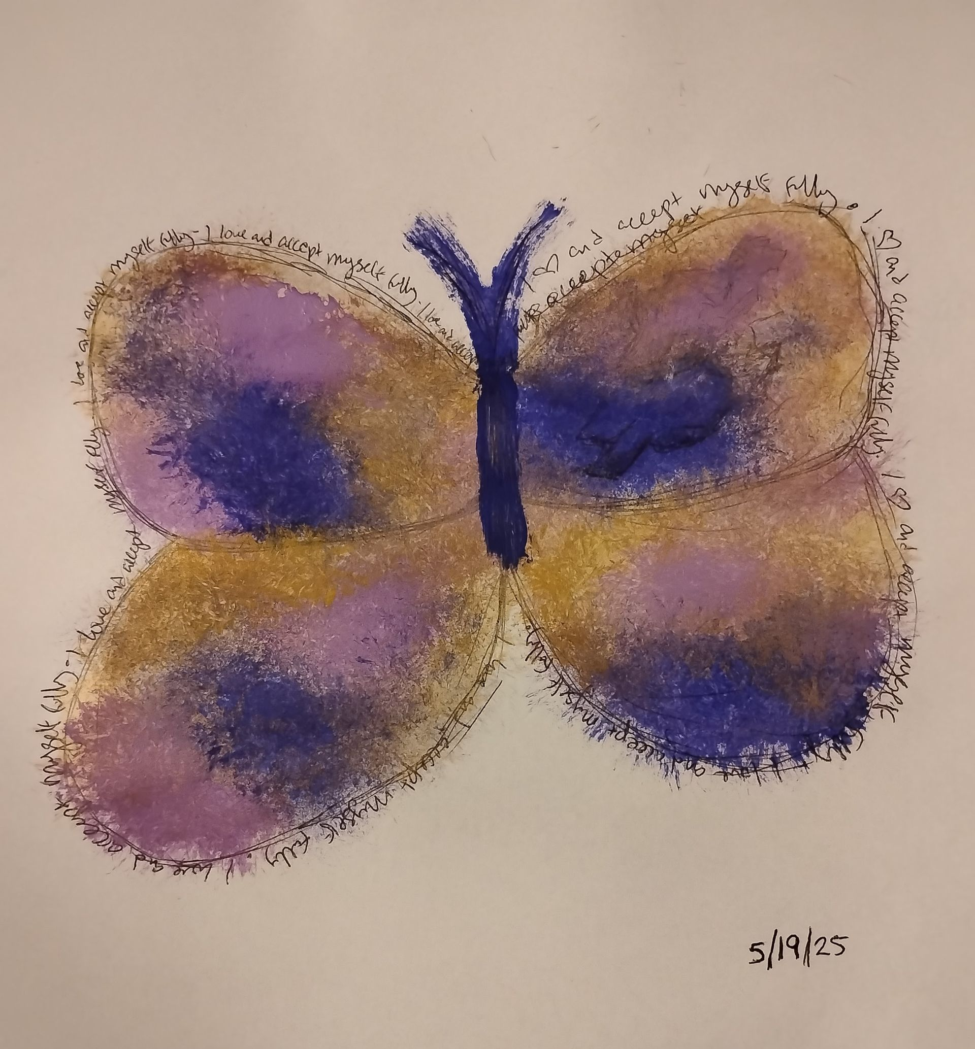Butterfly artwork with purple, gold, and blue wings. Glitter outlines wings and body.
