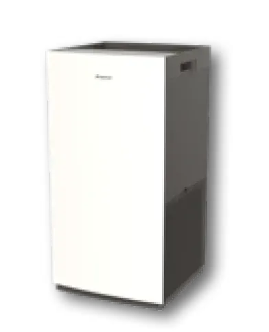 Mini frigorifero bianco con un lato grigio scuro, su uno sfondo bianco uniforme.