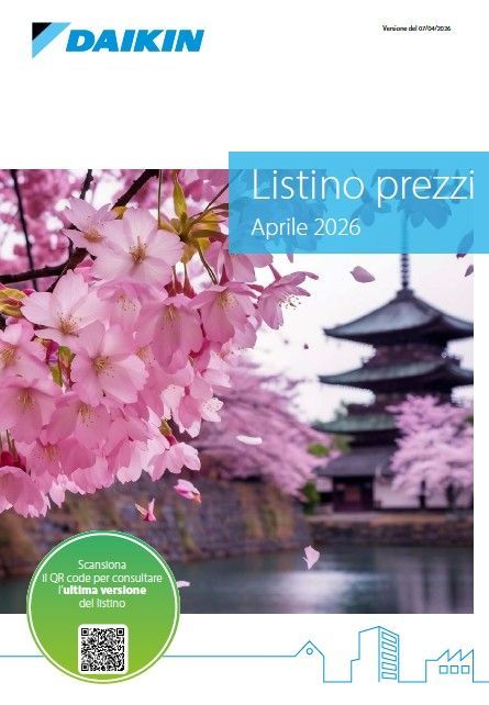 Copertina del listino prezzi Daikin con fiori di ciliegio, pagoda e la scritta “Listino prezzi April 2026”