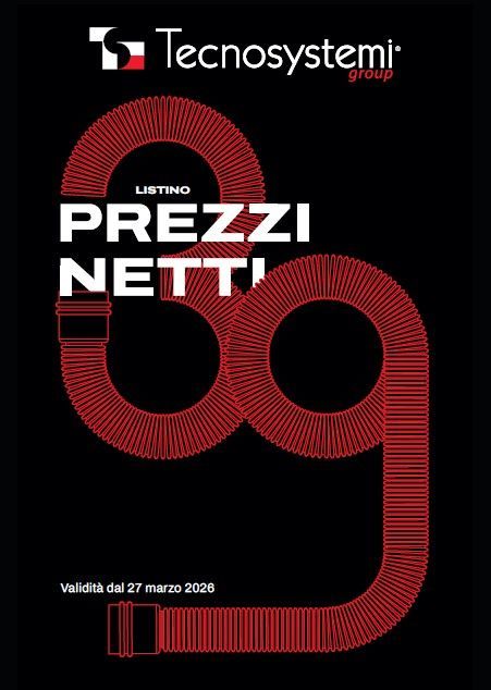 Manifesto del gruppo Tecnosystemi con la scritta in rosso acceso “59” e “LISTINO PREZZI NETTI” su sfondo nero.