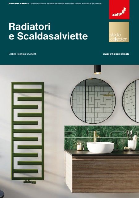 Copertina della rivista “Radiatori e Scaldasalviette” con uno scaldasalviette verde in un bagno moderno.