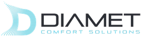 Logo DIAMET Comfort Solutions in nero e azzurro con un'icona stilizzata a forma di D color acquamarina.