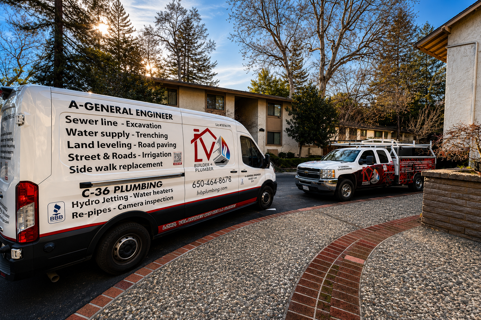 Two branded service vans parked in a residential driveway, one white and one red.