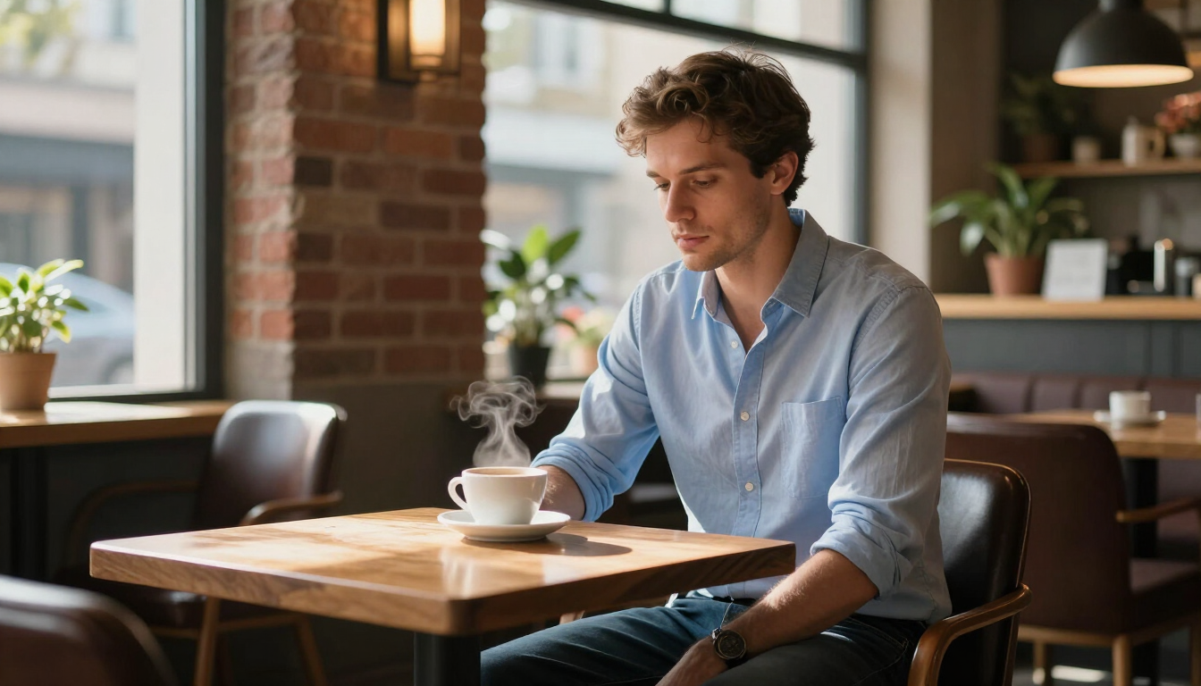 Man seated at a café table with a laptop and coffee, looking thoughtfully at the window