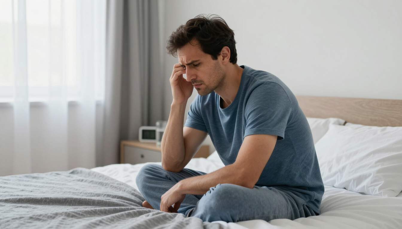A man sits on a bed, holding his head with a worried expression in a bright bedroom.