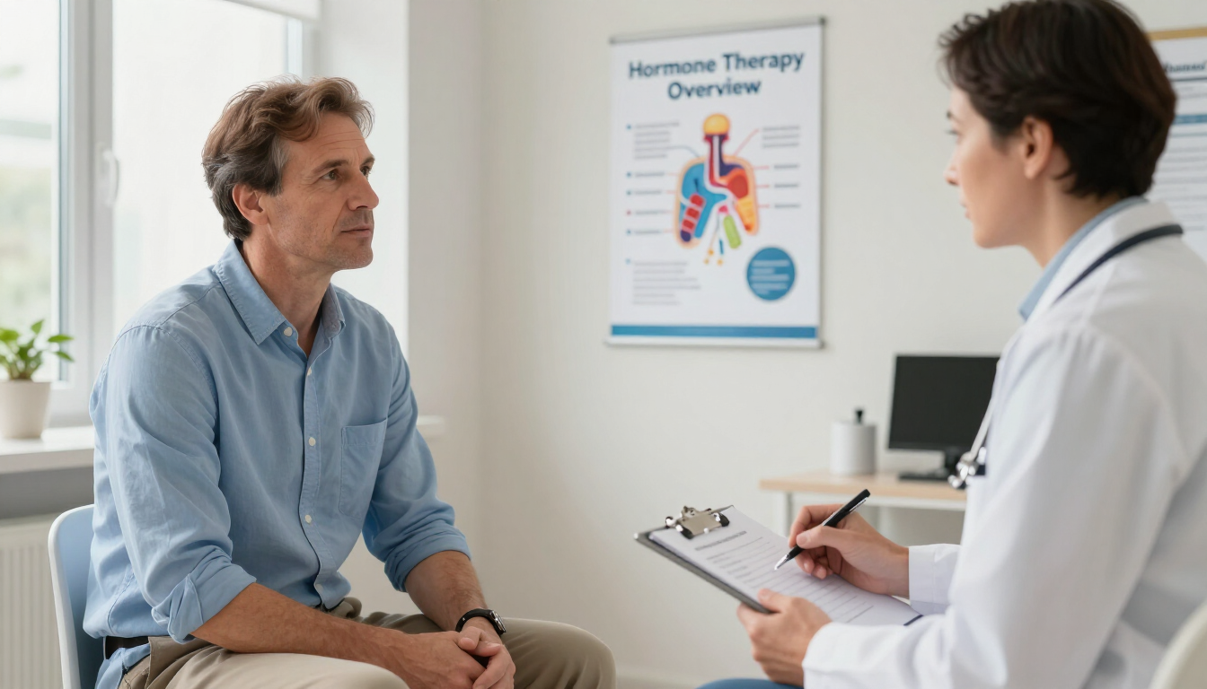 Doctor consulting patient in a clinic, with a hormone therapy chart on the wall.