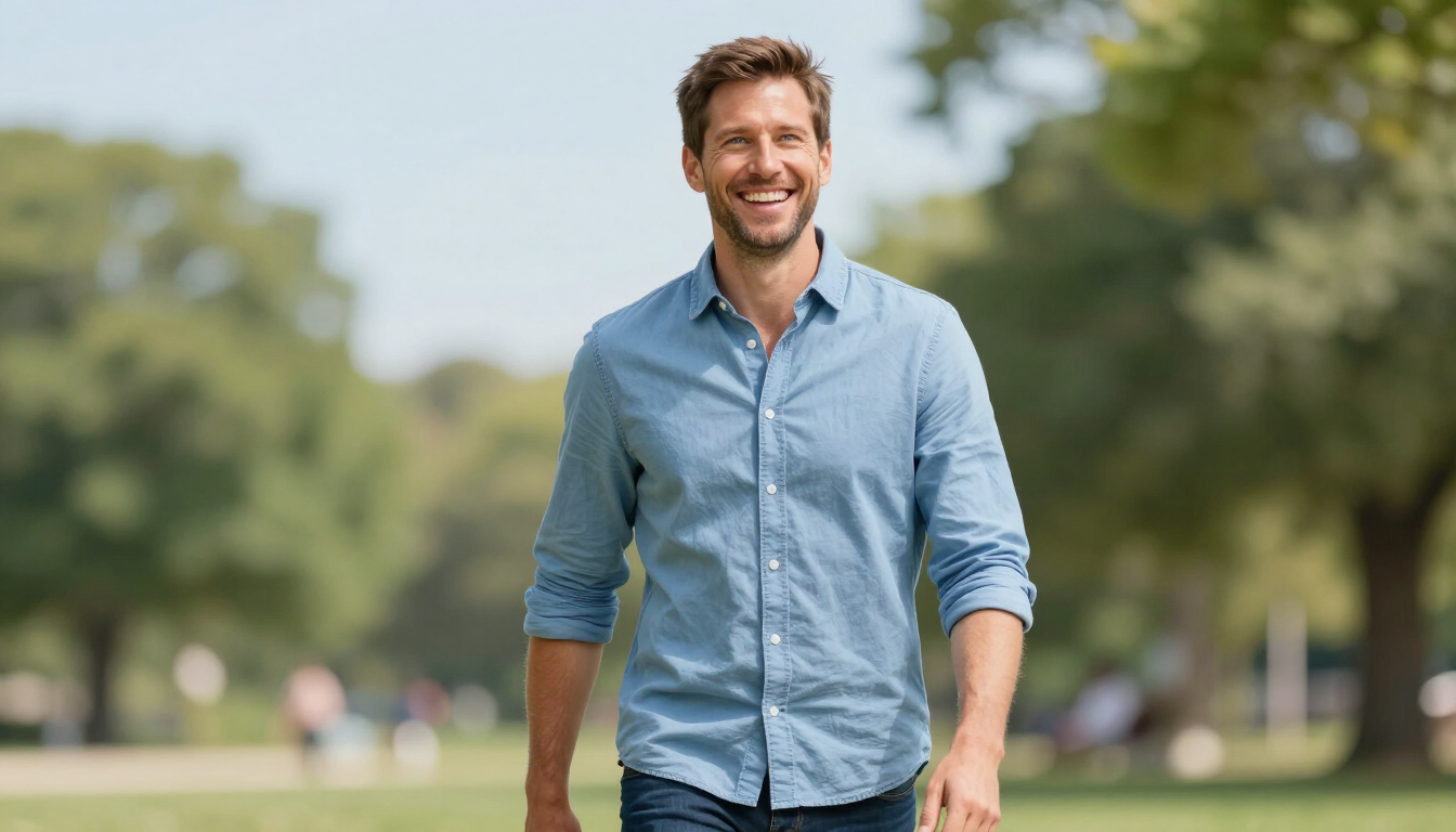 Smiling man in a blue shirt standing outdoors in a park