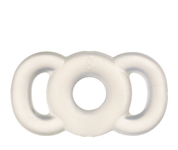 A close up of a white teething ring on a white background.