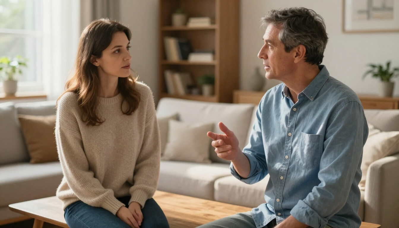 Two people talking on a sofa in a bright living room, one gesturing while the other listens