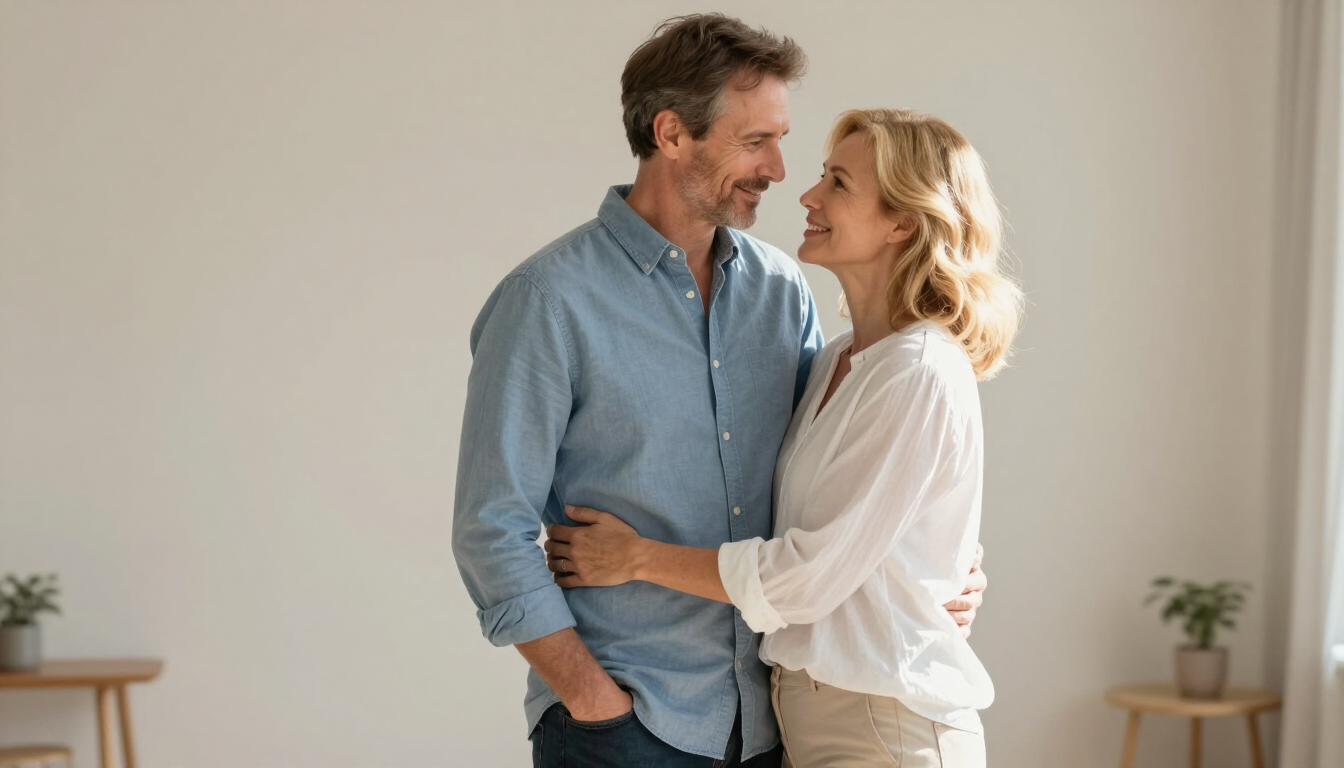 Two people embracing in a bright room, smiling at each other.