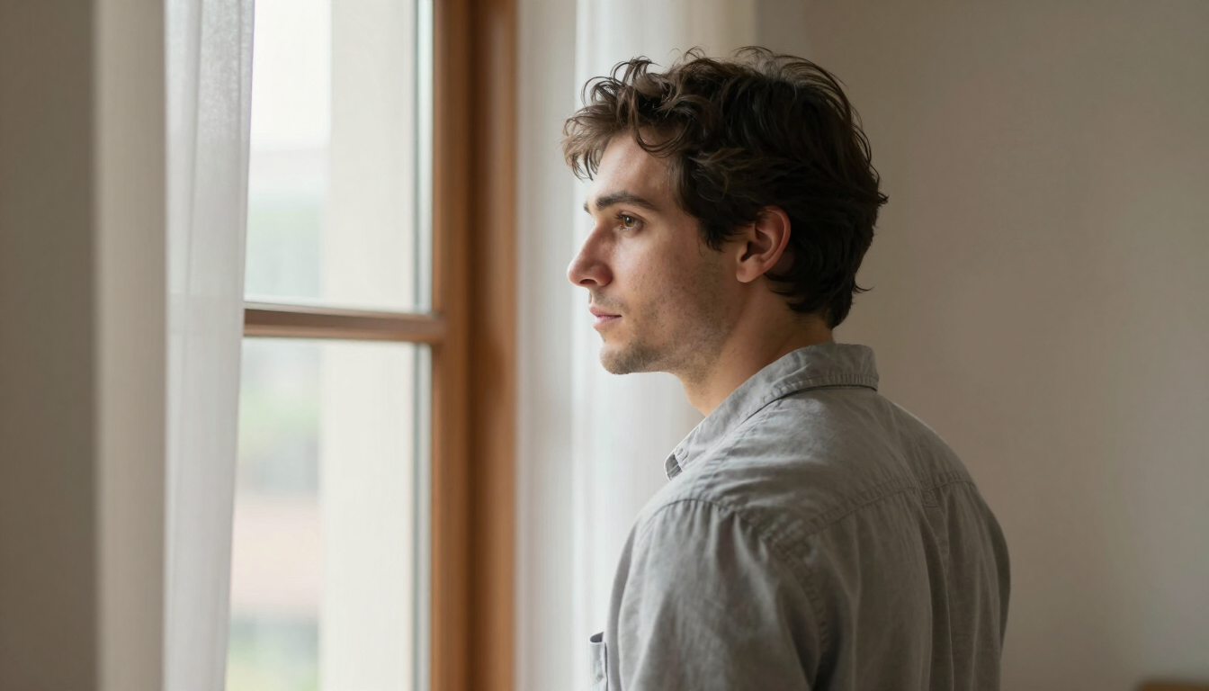 Person standing by a window, looking outside in profile, wearing a light gray shirt.