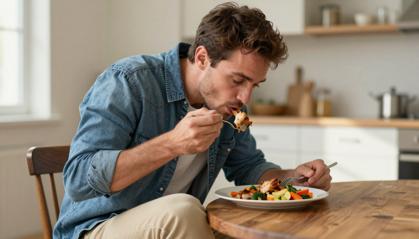 Man eating a meal at a wooden table in a bright kitchen